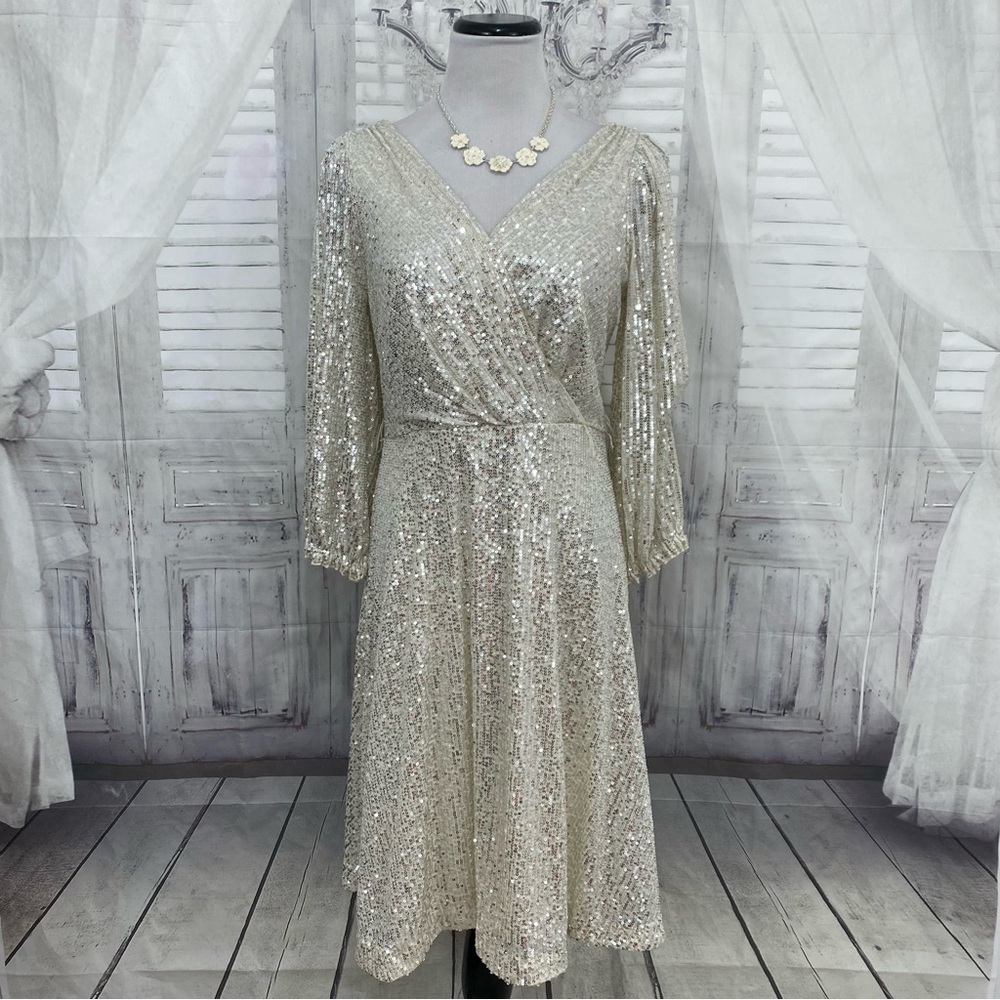 DKNY Shimmering Silver Long Sleeve Dress